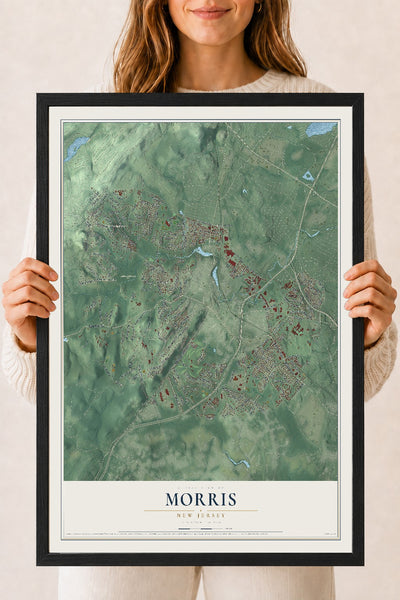 Morris, New Jersey map print, 18" x 24" W/ Black Ayous Wood Frame mockup