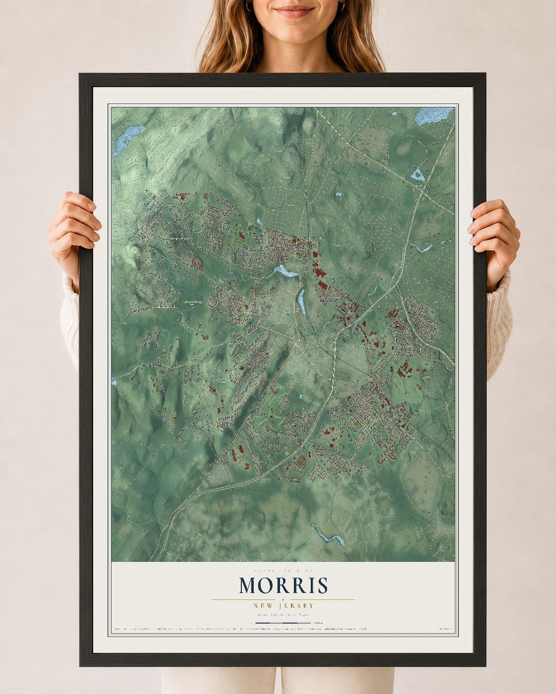 Morris, New Jersey map print, 24" x 36" W/ Black Ayous Wood Frame mockup