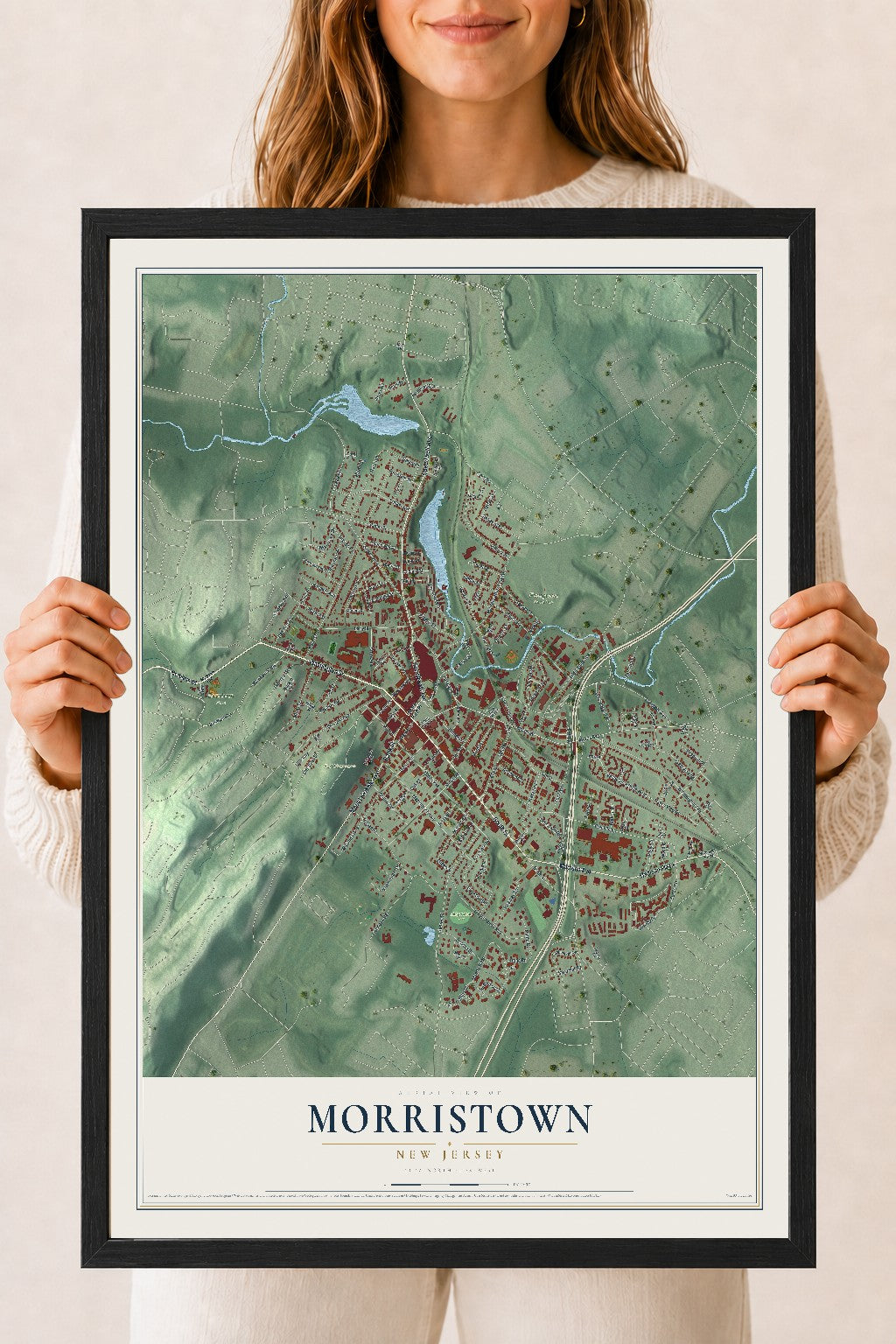 Morristown, New Jersey map print, 18" x 24" W/ Black Ayous Wood Frame mockup
