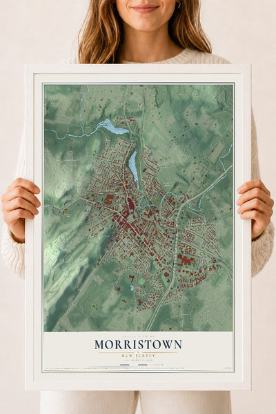 Morristown, New Jersey map print, 18" x 24" W/ White Ayous Wood Frame mockup