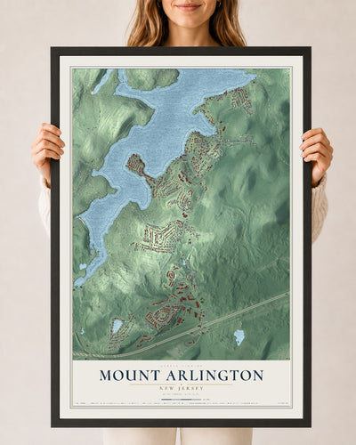 Mount Arlington, New Jersey map print, 24" x 36" W/ Black Ayous Wood Frame mockup