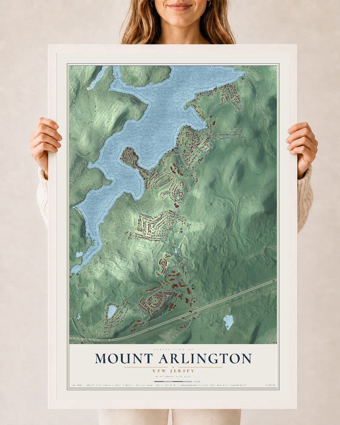 Mount Arlington, New Jersey map print, 24" x 36" W/ White Ayous Wood Frame mockup