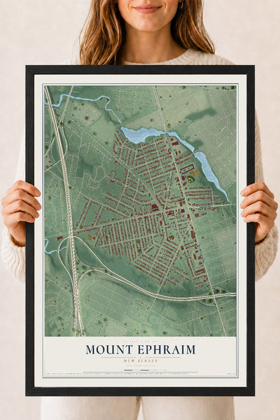 Mount Ephraim, New Jersey map print, 18" x 24" W/ Black Ayous Wood Frame mockup
