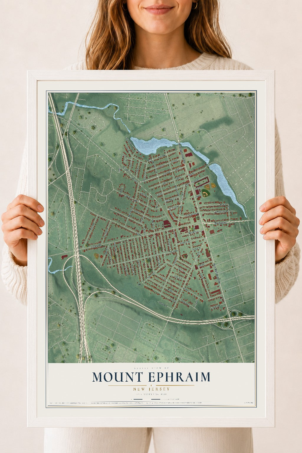 Mount Ephraim, New Jersey map print, 18" x 24" W/ White Ayous Wood Frame mockup