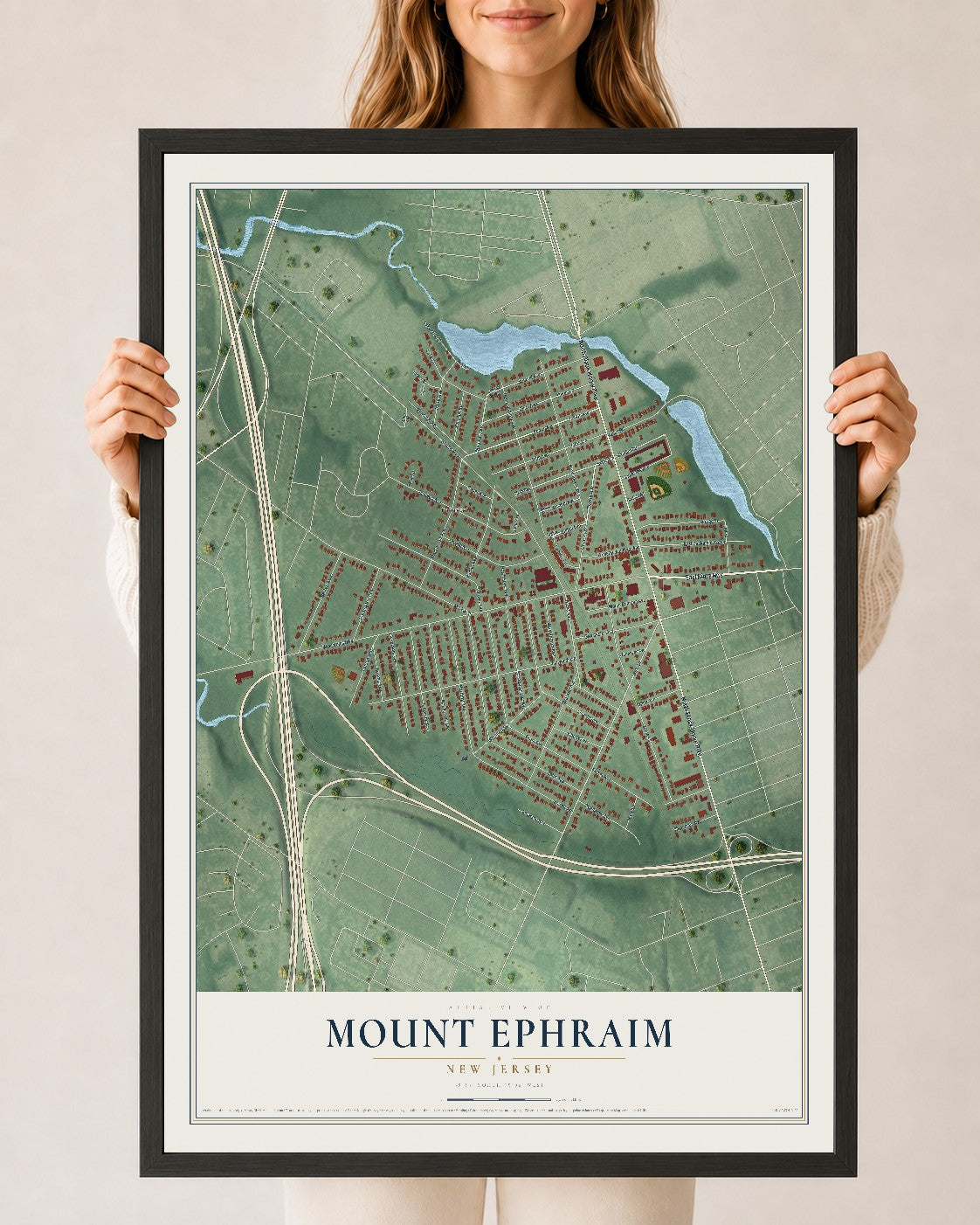 Mount Ephraim, New Jersey map print, 24" x 36" W/ Black Ayous Wood Frame mockup