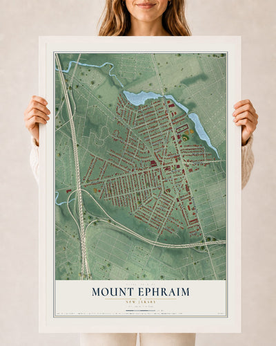 Mount Ephraim, New Jersey map print, 24" x 36" W/ White Ayous Wood Frame mockup