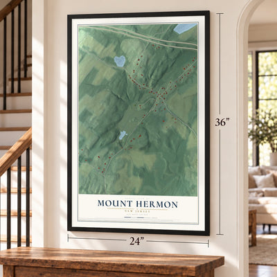 Mount Hermon, New Jersey map, 24 x 36 inch print in a black frame by a staircase
