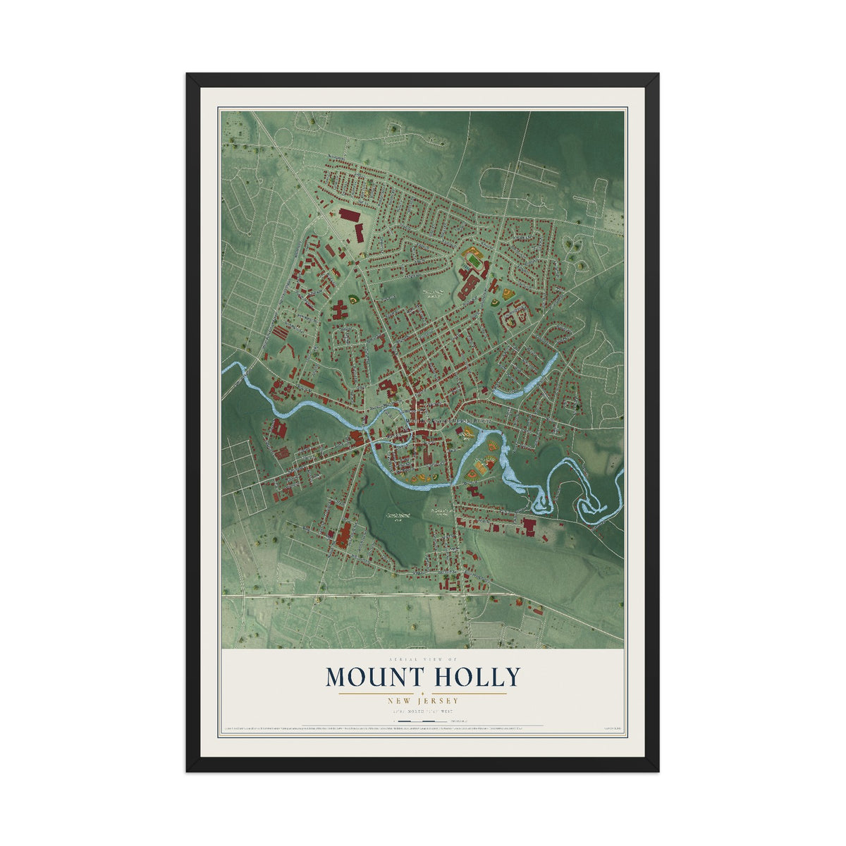 Mount Holly, New Jersey map print, 12" x 18" W/ Black Ayous Wood Frame mockup
