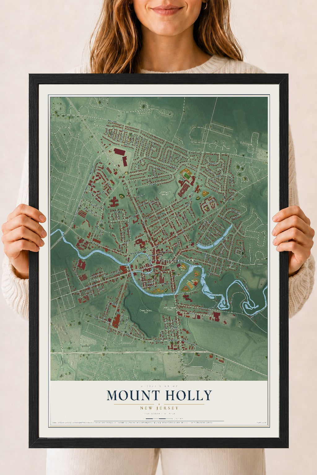 Mount Holly, New Jersey map print, 18" x 24" W/ Black Ayous Wood Frame mockup