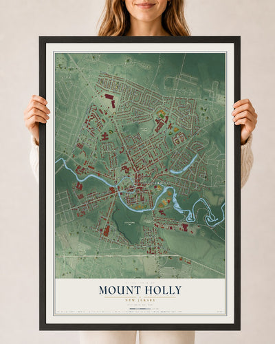 Mount Holly, New Jersey map print, 24" x 36" W/ Black Ayous Wood Frame mockup