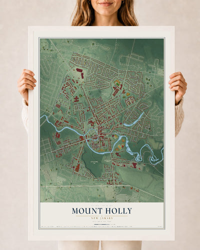 Mount Holly, New Jersey map print, 24" x 36" W/ White Ayous Wood Frame mockup