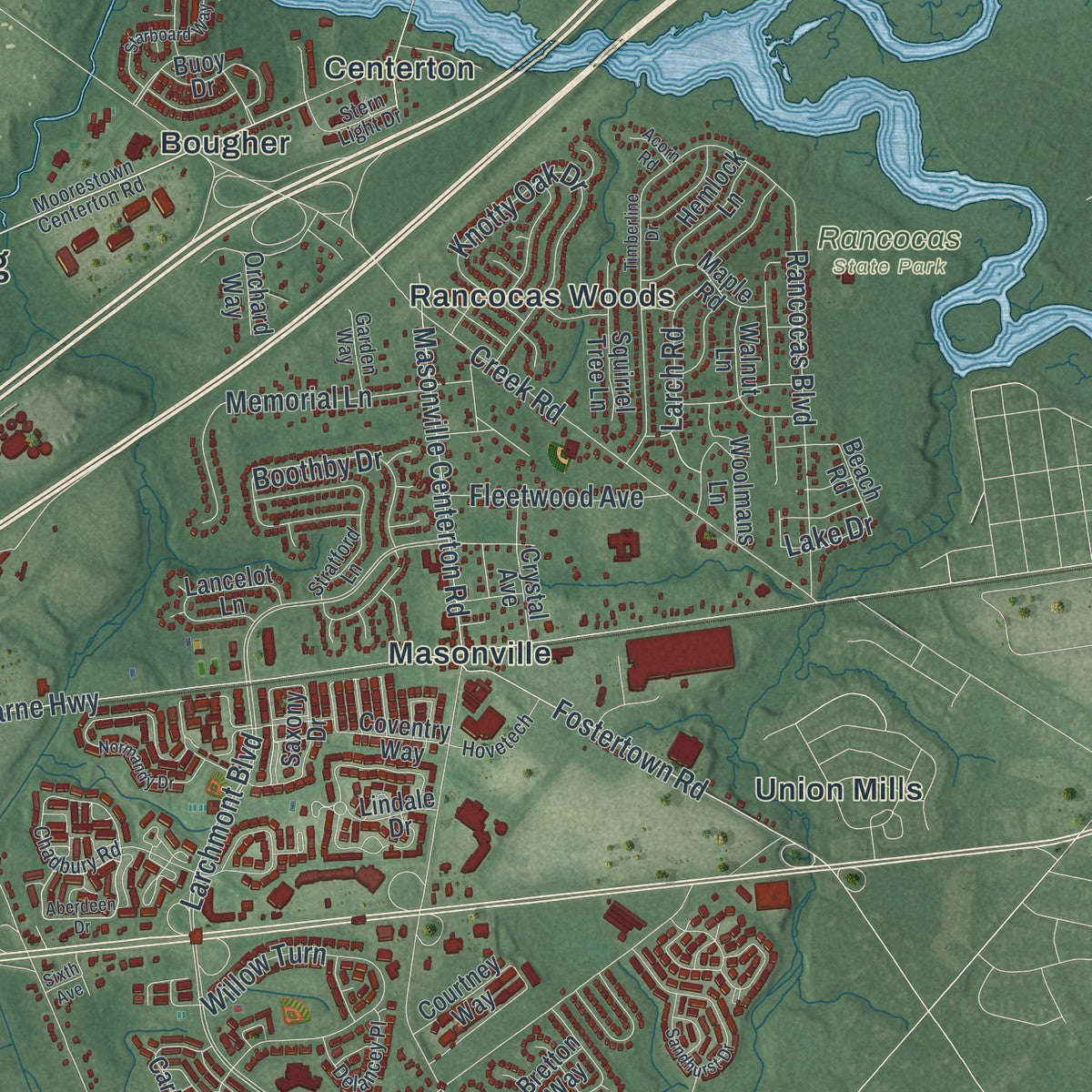 Close-up 2 of the Mount Laurel, New Jersey map artwork