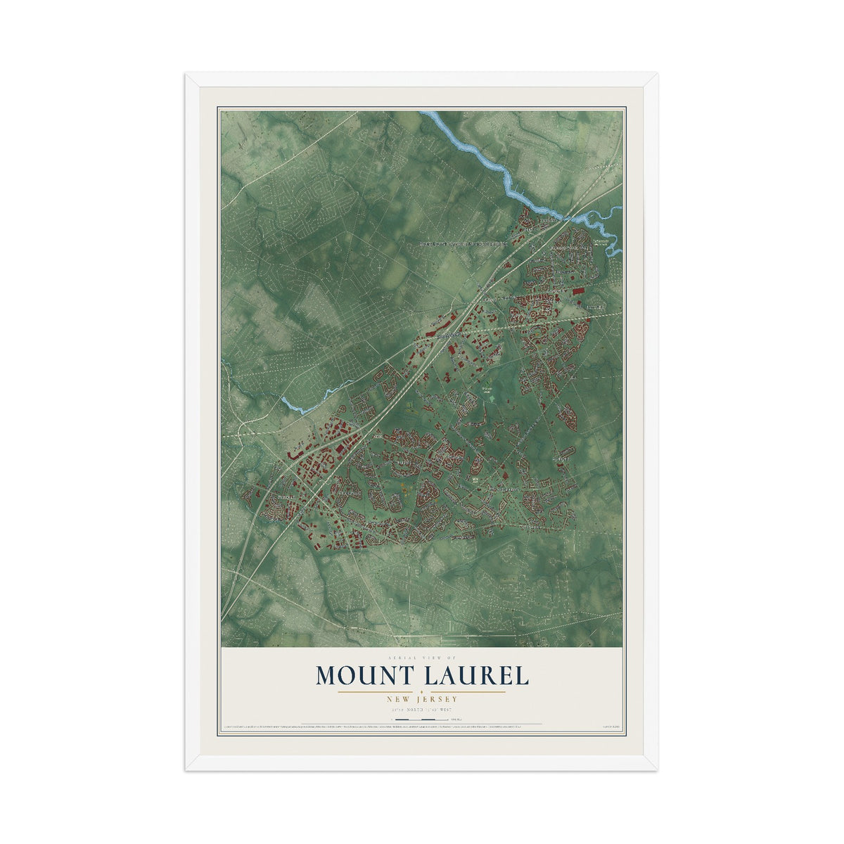 Mount Laurel, New Jersey map print, 12" x 18" W/ White Ayous Wood Frame mockup