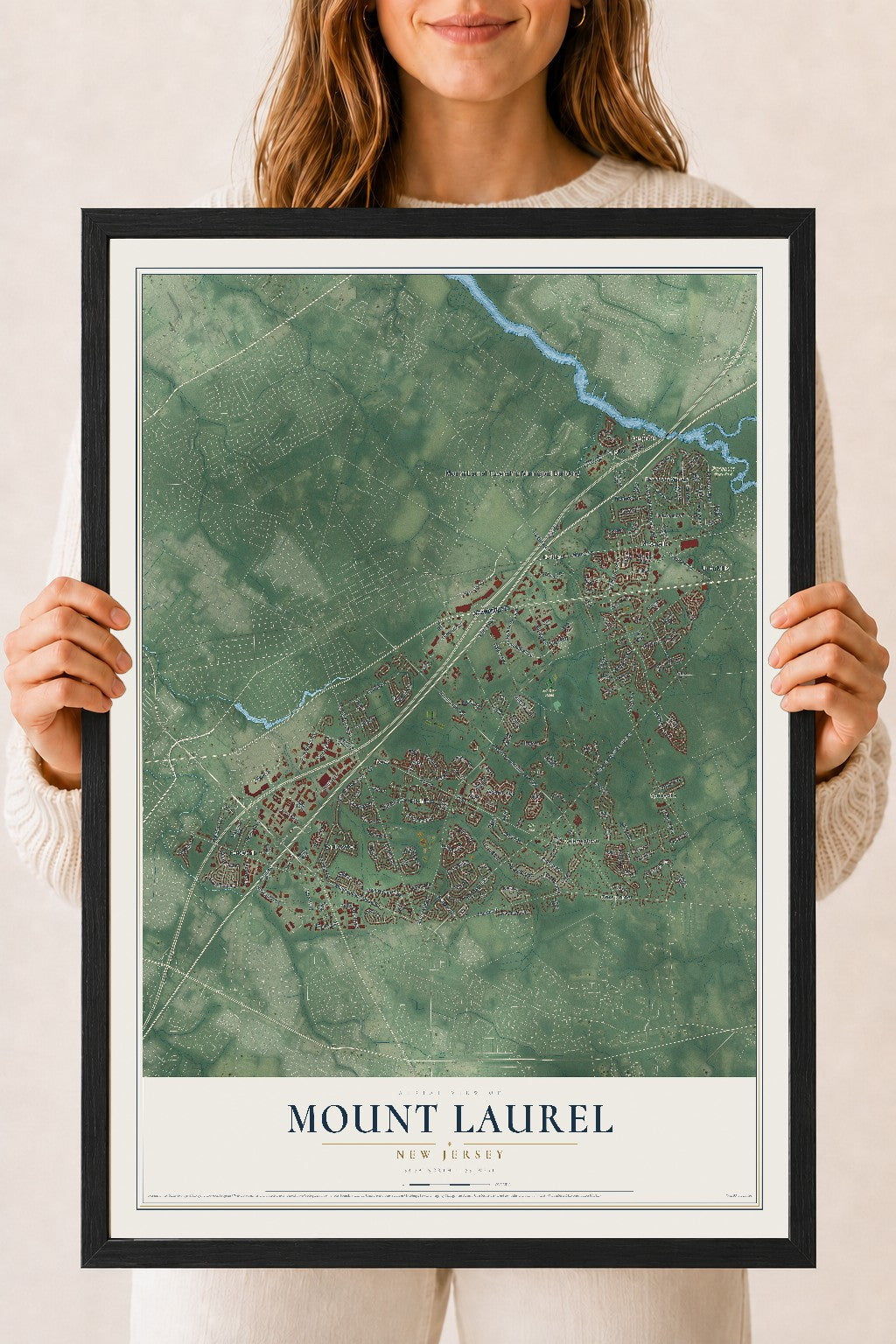 Mount Laurel, New Jersey map print, 18" x 24" W/ Black Ayous Wood Frame mockup