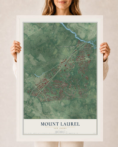 Mount Laurel, New Jersey map print, 24" x 36" W/ White Ayous Wood Frame mockup