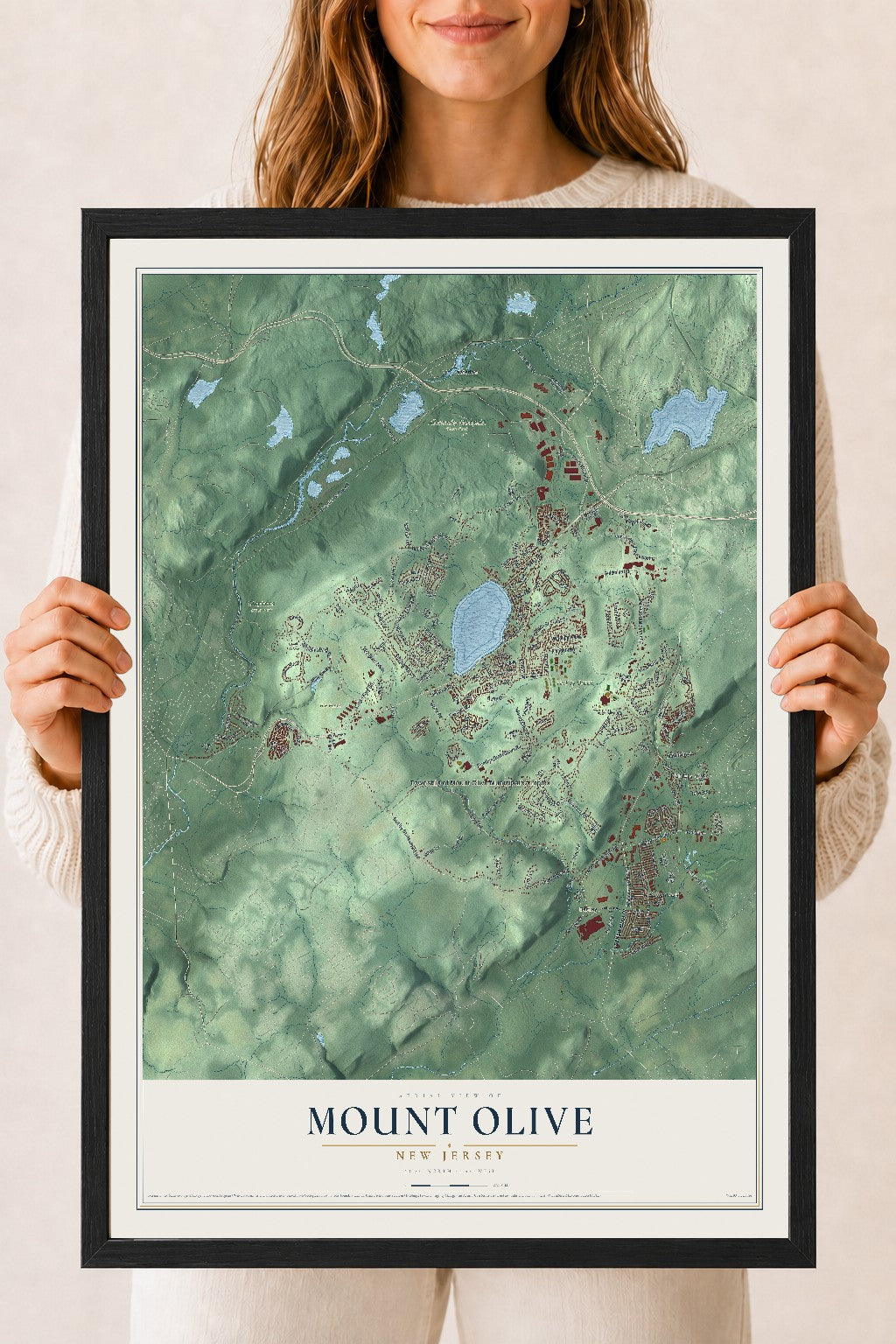 Mount Olive, New Jersey map print, 18" x 24" W/ Black Ayous Wood Frame mockup
