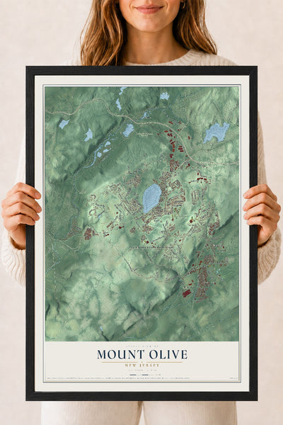 Mount Olive, New Jersey map print, 18" x 24" W/ Black Ayous Wood Frame mockup