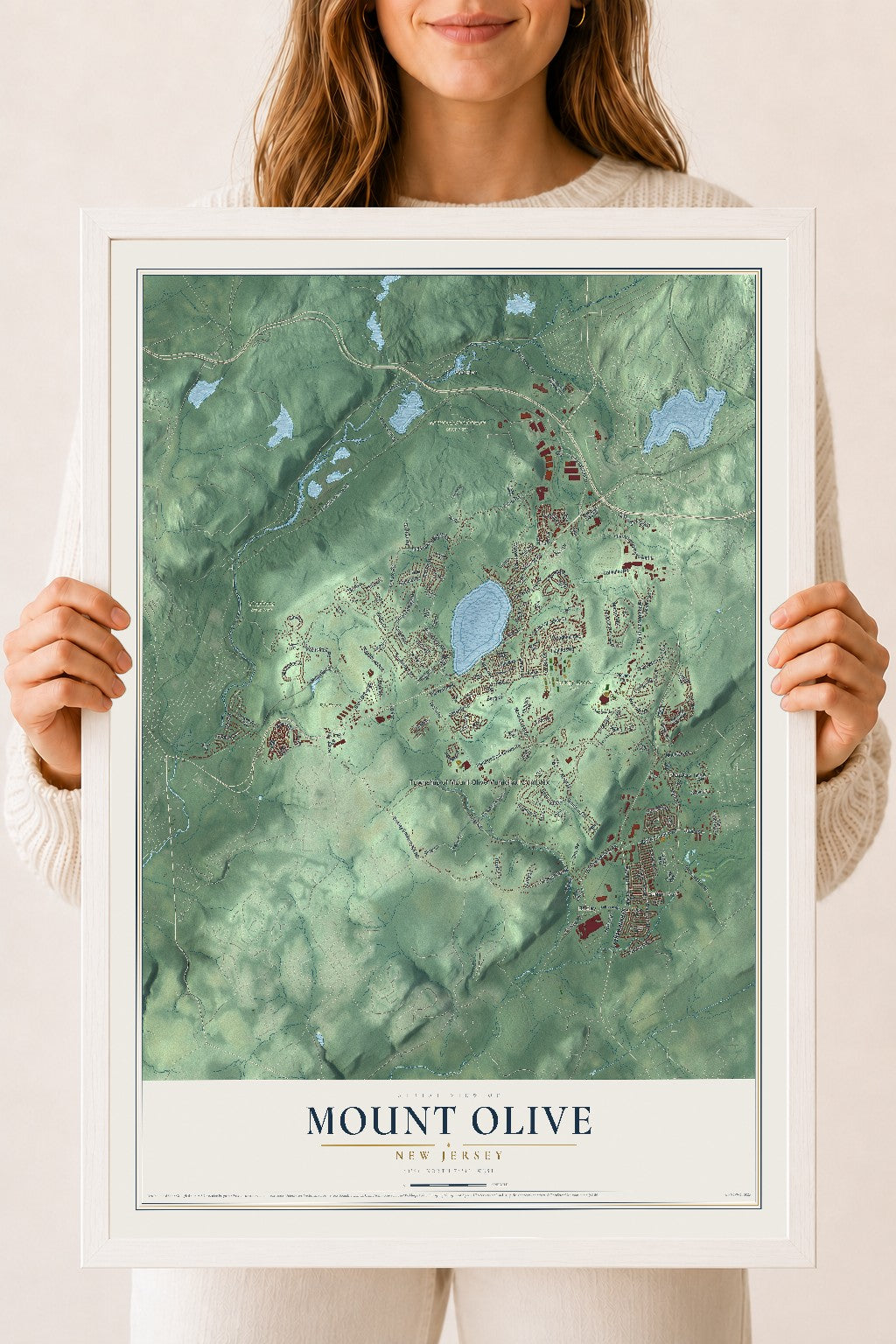 Mount Olive, New Jersey map print, 18" x 24" W/ White Ayous Wood Frame mockup