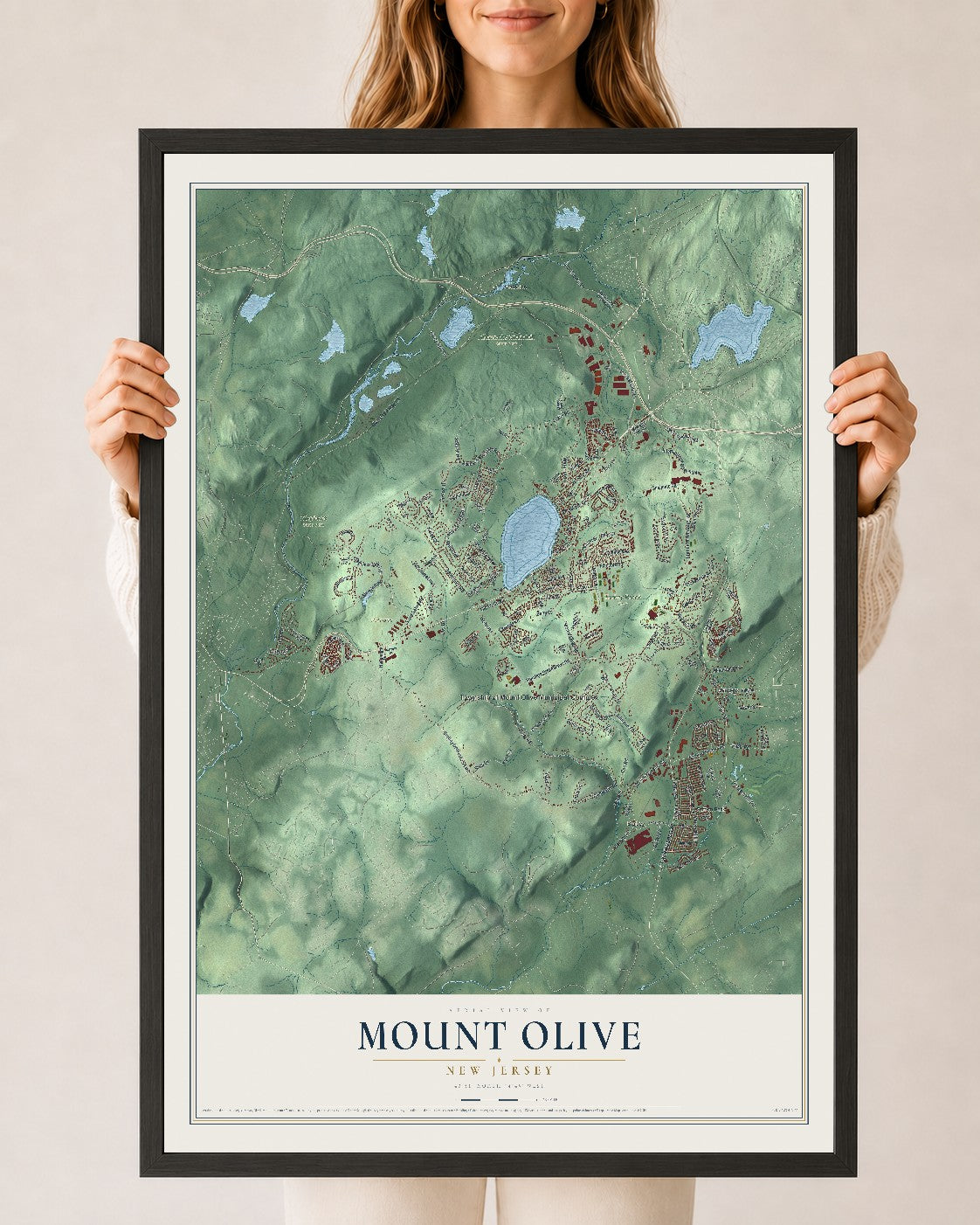 Mount Olive, New Jersey map print, 24" x 36" W/ Black Ayous Wood Frame mockup