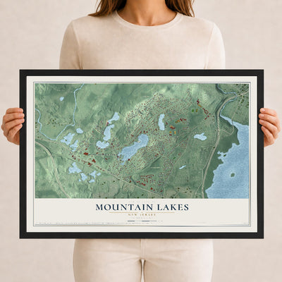 Mountain Lakes, New Jersey map print, 12" x 18" W/ Black Ayous Wood Frame mockup