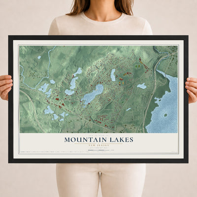 Mountain Lakes, New Jersey map print, 18" x 24" W/ Black Ayous Wood Frame mockup