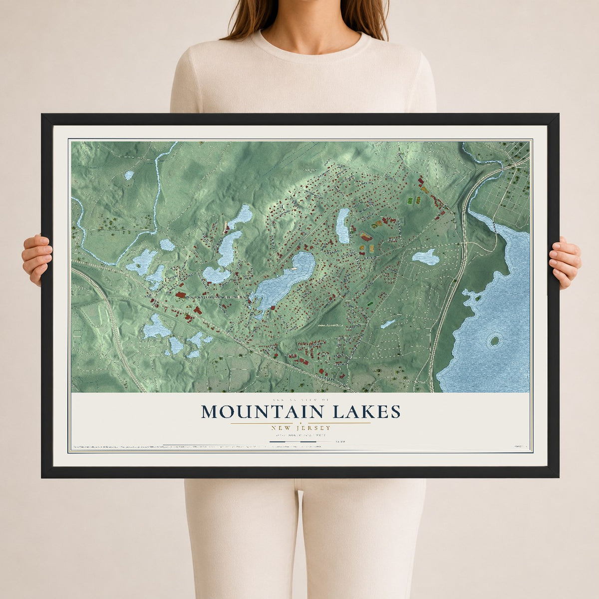 Mountain Lakes, New Jersey map print, 24" x 36" W/ Black Ayous Wood Frame mockup