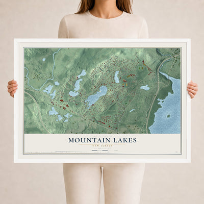 Mountain Lakes, New Jersey map print, 24" x 36" W/ White Ayous Wood Frame mockup