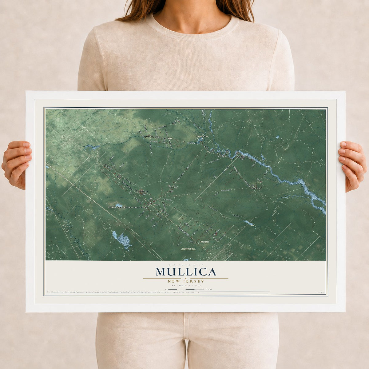 Mullica, New Jersey map print, 12" x 18" W/ White Ayous Wood Frame mockup