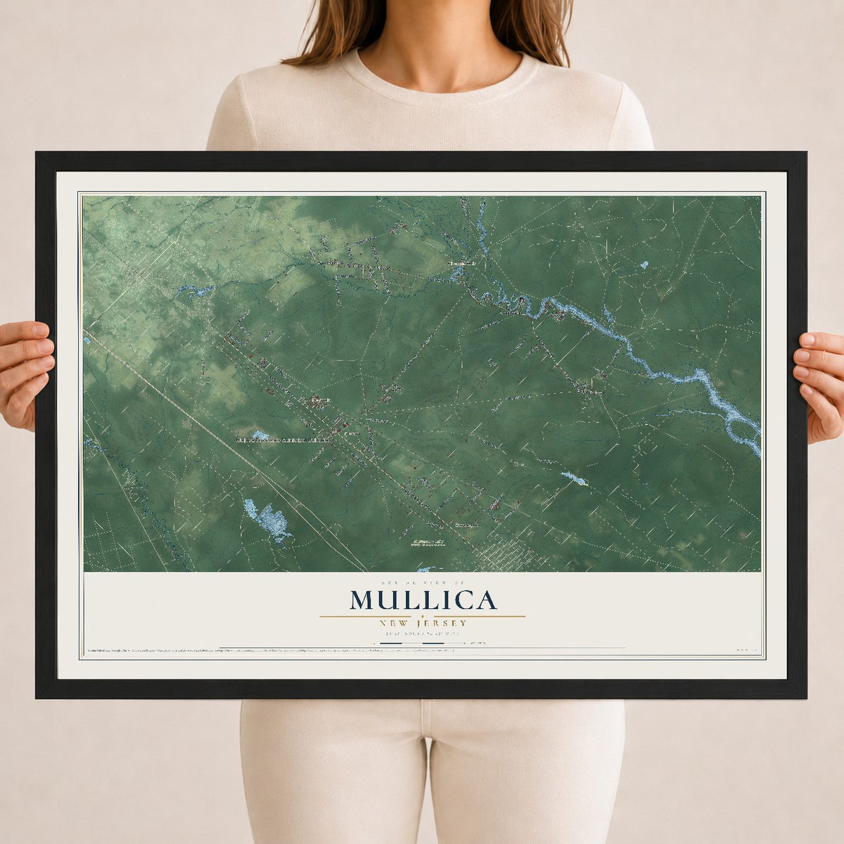 Mullica, New Jersey map print, 18" x 24" W/ Black Ayous Wood Frame mockup