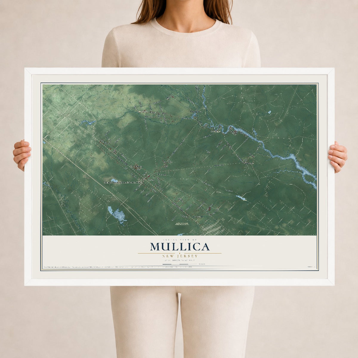 Mullica, New Jersey map print, 24" x 36" W/ White Ayous Wood Frame mockup