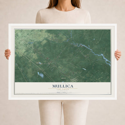 Mullica, New Jersey map print, 24" x 36" W/ White Ayous Wood Frame mockup