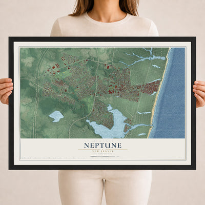 Neptune, New Jersey map print, 18" x 24" W/ Black Ayous Wood Frame mockup