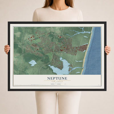 Neptune, New Jersey map print, 24" x 36" W/ Black Ayous Wood Frame mockup