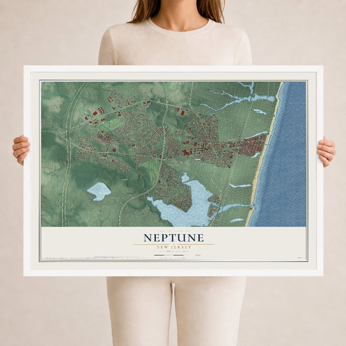 Neptune, New Jersey map print, 24" x 36" W/ White Ayous Wood Frame mockup
