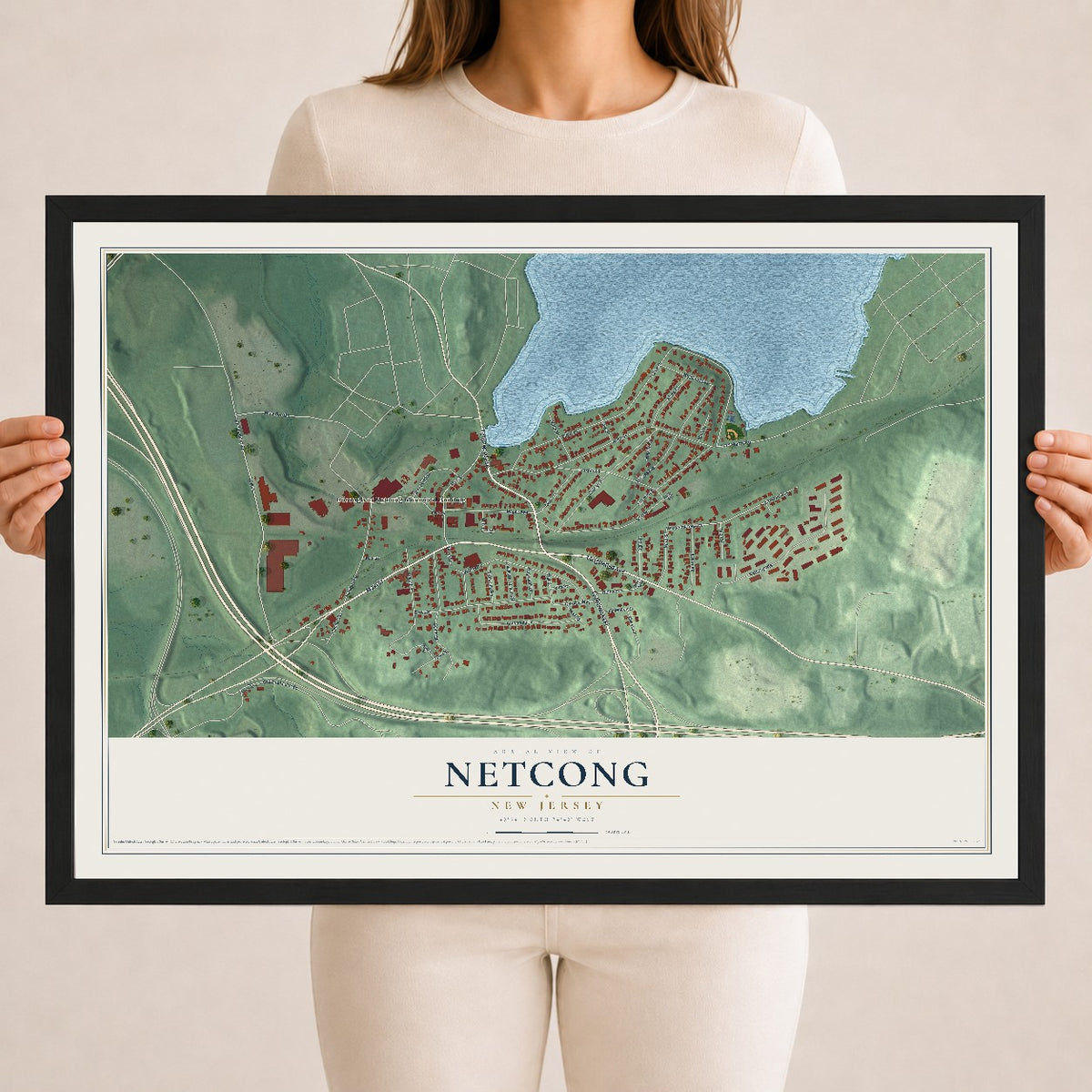 Netcong, New Jersey map print, 18" x 24" W/ Black Ayous Wood Frame mockup