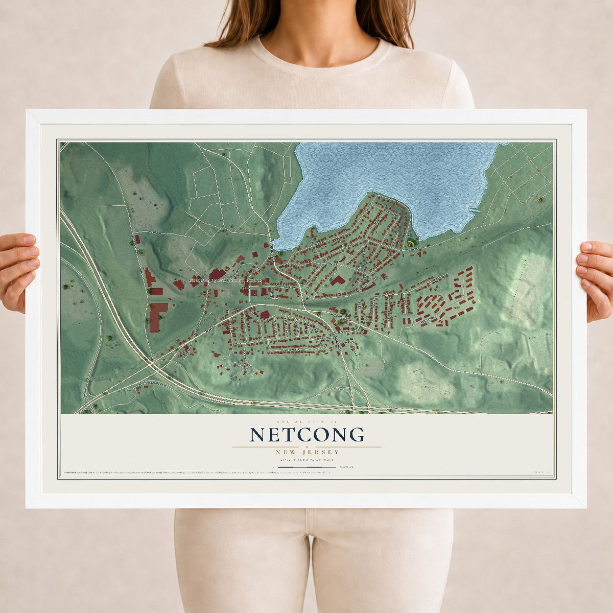 Netcong, New Jersey map print, 18" x 24" W/ White Ayous Wood Frame mockup