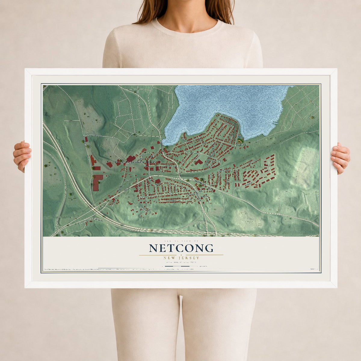 Netcong, New Jersey map print, 24" x 36" W/ White Ayous Wood Frame mockup