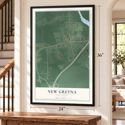 New Gretna, New Jersey map, 24 x 36 inch print in a black frame by a staircase