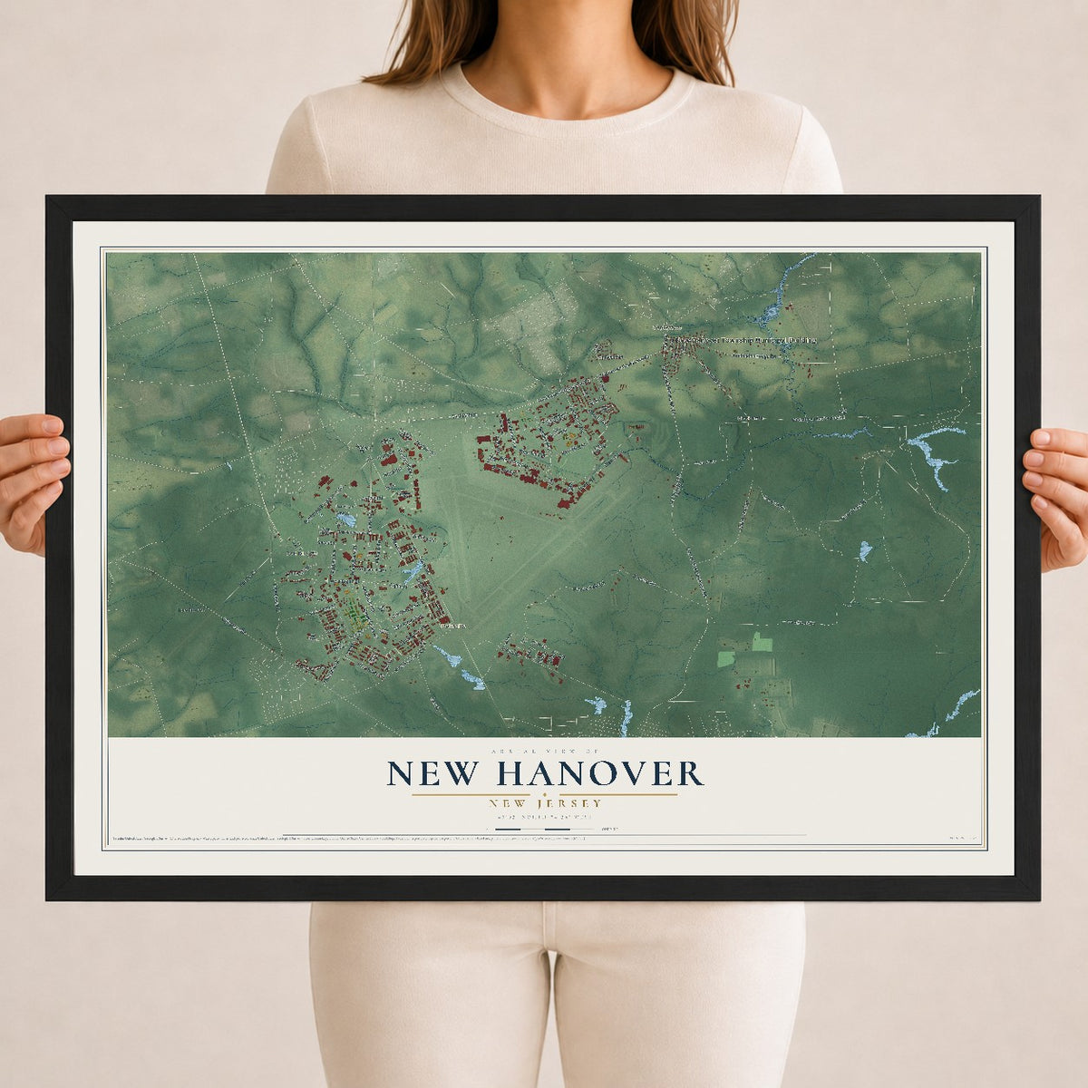 New Hanover, New Jersey map print, 18" x 24" W/ Black Ayous Wood Frame mockup