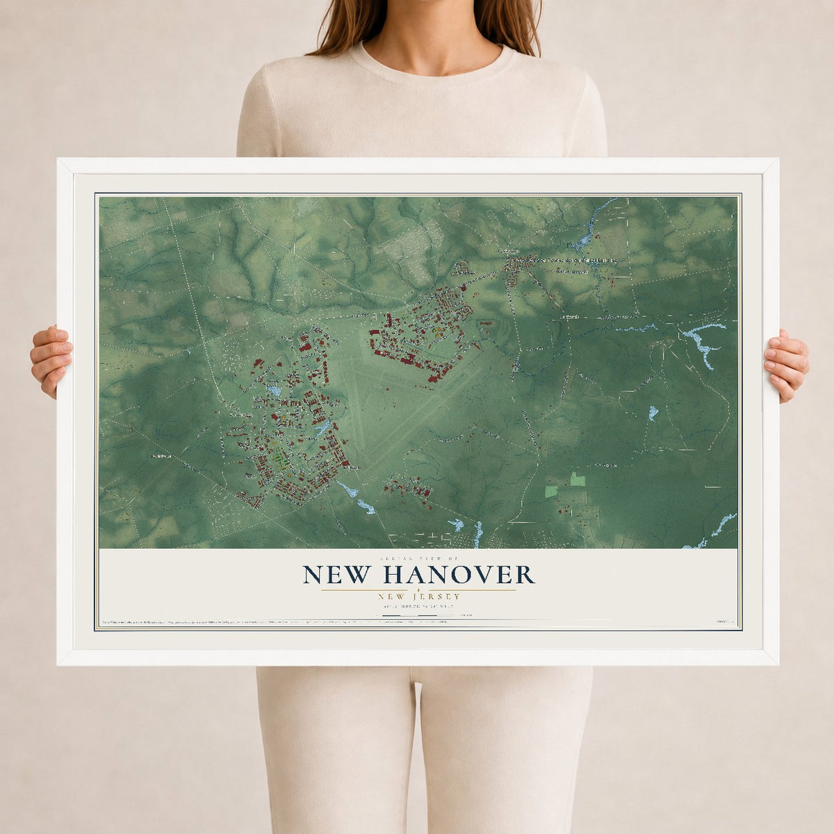 New Hanover, New Jersey map print, 24" x 36" W/ White Ayous Wood Frame mockup