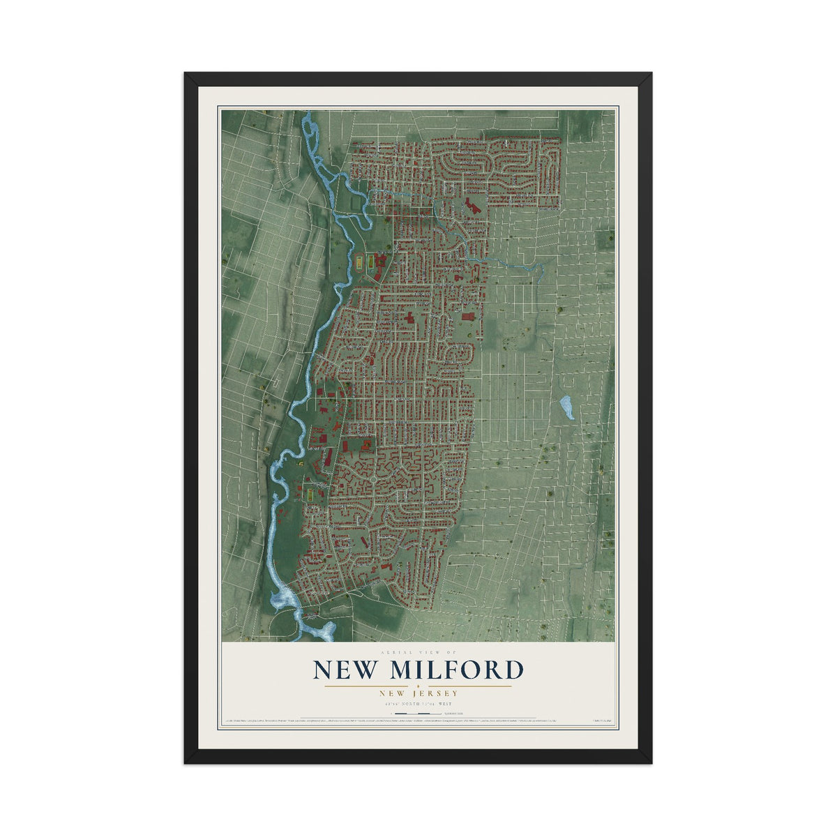 Map of New Milford, New Jersey, 12 x 18 inch print in a black wood frame