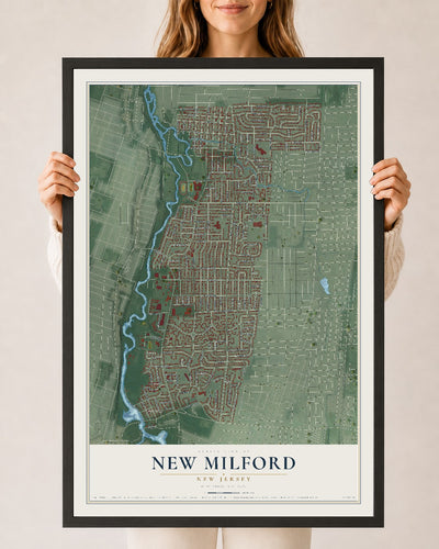 Map of New Milford, New Jersey, 24 x 36 inch print in a black wood frame