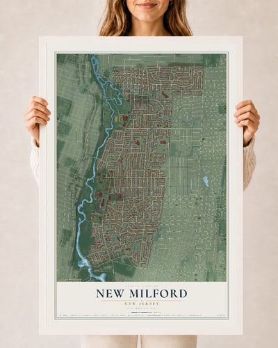 Map of New Milford, New Jersey, 24 x 36 inch print in a white wood frame
