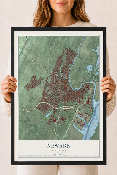 Newark, New Jersey map print, 18" x 24" W/ Black Ayous Wood Frame mockup