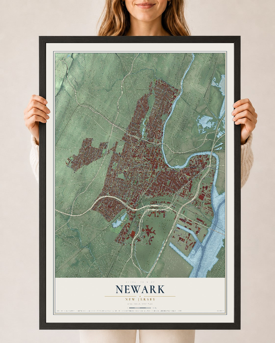 Newark, New Jersey map print, 24" x 36" W/ Black Ayous Wood Frame mockup