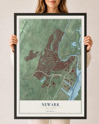 Newark, New Jersey map print, 24" x 36" W/ Black Ayous Wood Frame mockup