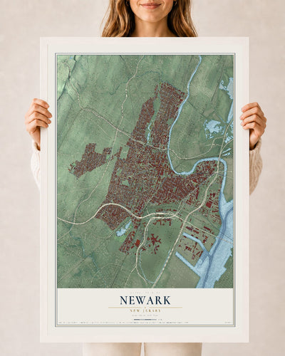 Newark, New Jersey map print, 24" x 36" W/ White Ayous Wood Frame mockup