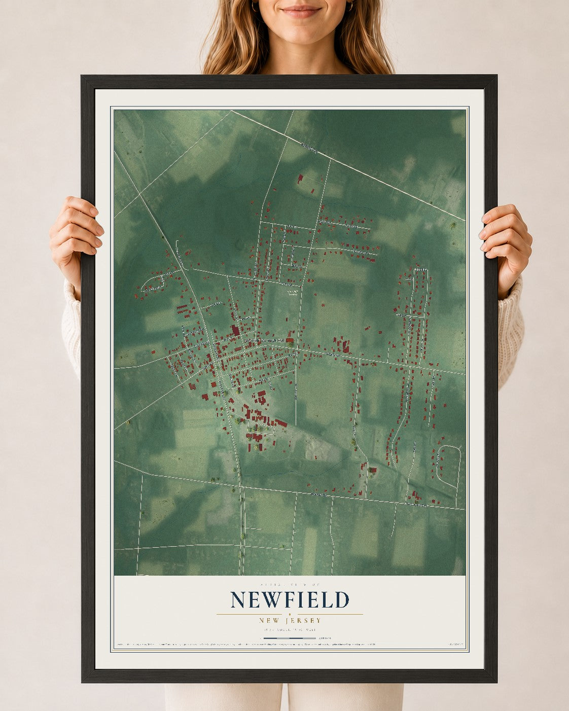 Newfield, New Jersey map print, 24" x 36" W/ Black Ayous Wood Frame mockup