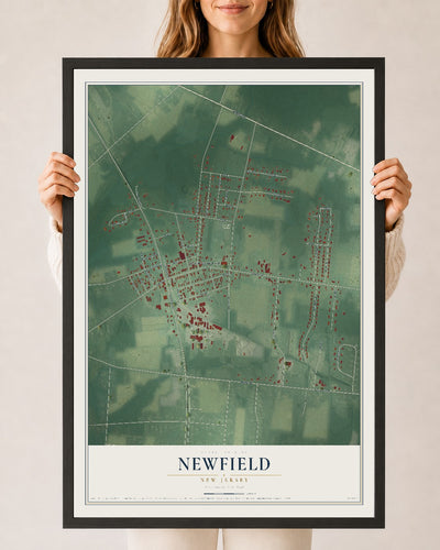 Newfield, New Jersey map print, 24" x 36" W/ Black Ayous Wood Frame mockup