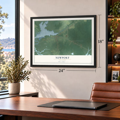 Newport, New Jersey map, 18 x 24 inch print in a black frame in a home office